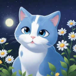 A cartoon depiction of Luna, a blue and white cat, noticing her flowers glowing in response to her positive qualities.