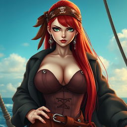 A captivating feminine swordsman inspired by 'One Piece', featuring super straight red hair that flows down to her waist and sharp green eyes that gleam with determination