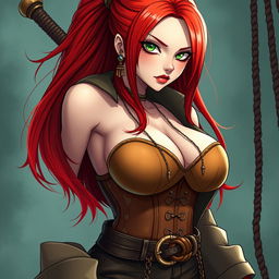 A striking feminine swordsman inspired by 'One Piece', featuring super straight red hair cascading down to her waist and sharp green eyes full of determination