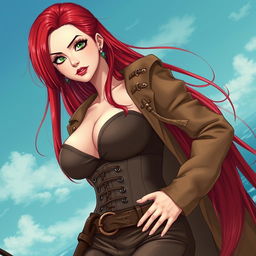 A striking feminine swordsman inspired by 'One Piece', featuring super straight red hair cascading down to her waist and sharp green eyes full of determination