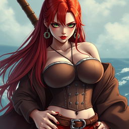 A striking feminine swordsman inspired by 'One Piece', featuring super straight red hair cascading down to her waist and sharp green eyes full of determination