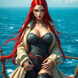 A striking feminine swordsman inspired by 'One Piece', featuring super straight red hair that flows down to her waist, framing her sharp green eyes that exude confidence