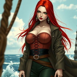 A striking feminine swordsman inspired by 'One Piece', featuring super straight red hair that flows down to her waist, framing her sharp green eyes that exude confidence