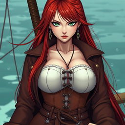 A striking feminine swordsman inspired by 'One Piece', featuring super straight red hair that flows down to her waist, framing her sharp green eyes that exude confidence