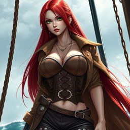 A striking feminine swordsman inspired by 'One Piece', featuring super straight red hair that flows down to her waist, framing her sharp green eyes that exude confidence