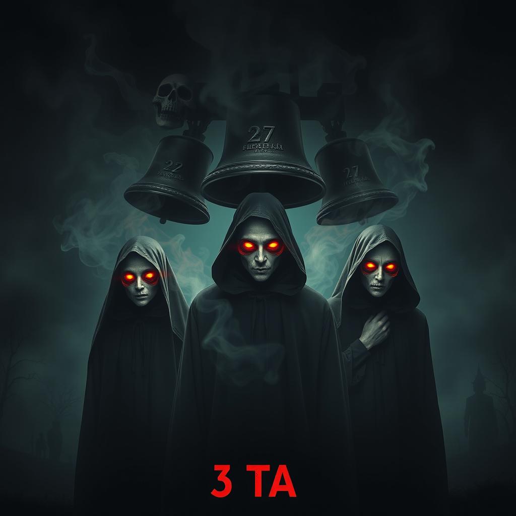 Three ghostly figures, each with half-burned faces, dressed in eerie grim reaper attire, create a chilling atmosphere