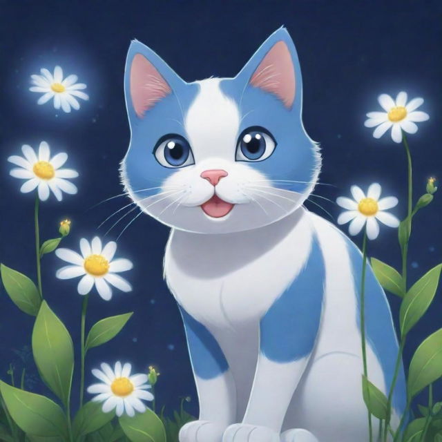 A cartoon depiction of Luna, a blue and white cat, noticing her flowers glowing in response to her positive qualities.