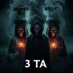 Three ghostly figures, each with half-burned faces, dressed in eerie grim reaper attire, create a chilling atmosphere