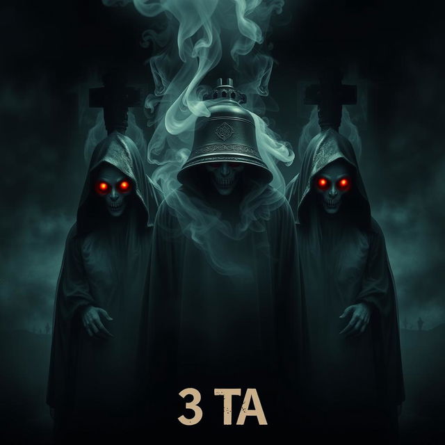 Three ghostly figures, each with half-burned faces, dressed in eerie grim reaper attire, create a chilling atmosphere