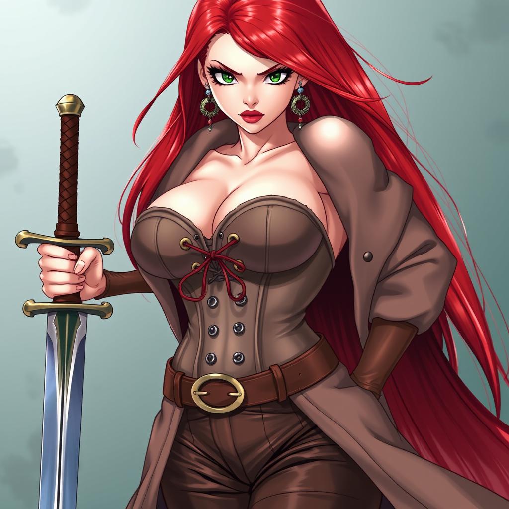 A fierce feminine character inspired by 'One Piece', displaying super straight red hair that cascades down her waist and sharp green eyes radiating determination