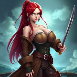 A fierce feminine character inspired by 'One Piece', displaying super straight red hair that cascades down her waist and sharp green eyes radiating determination