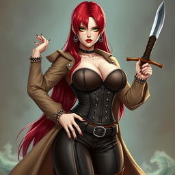 A fierce feminine character inspired by 'One Piece', displaying super straight red hair that cascades down her waist and sharp green eyes radiating determination