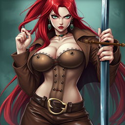 A fierce feminine character inspired by 'One Piece', displaying super straight red hair that cascades down her waist and sharp green eyes radiating determination