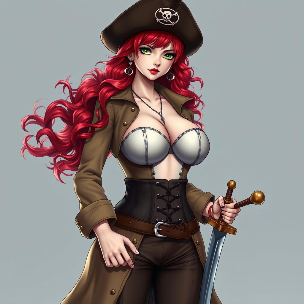 A captivating female character inspired by 'One Piece', showcasing waist-length super wavy red hair that beautifully frames her sharp green eyes