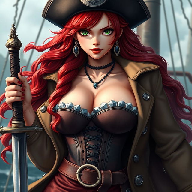 A captivating female character inspired by 'One Piece', showcasing waist-length super wavy red hair that beautifully frames her sharp green eyes