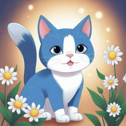 A cartoon depiction of Luna, a blue and white cat, noticing her flowers glowing in response to her positive qualities.