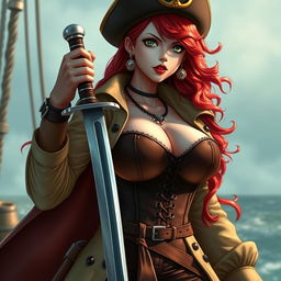 A captivating female character inspired by 'One Piece', showcasing waist-length super wavy red hair that beautifully frames her sharp green eyes