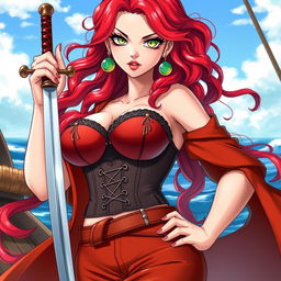 A captivating female character inspired by 'One Piece', showcasing super wavy red hair cascading down to her waist, vibrant against her sharp green eyes that convey determination