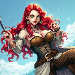 A captivating female character inspired by 'One Piece', showcasing super wavy red hair cascading down to her waist, vibrant against her sharp green eyes that convey determination