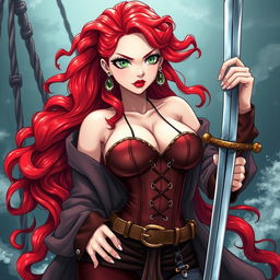 A captivating female character inspired by 'One Piece', showcasing super wavy red hair cascading down to her waist, vibrant against her sharp green eyes that convey determination