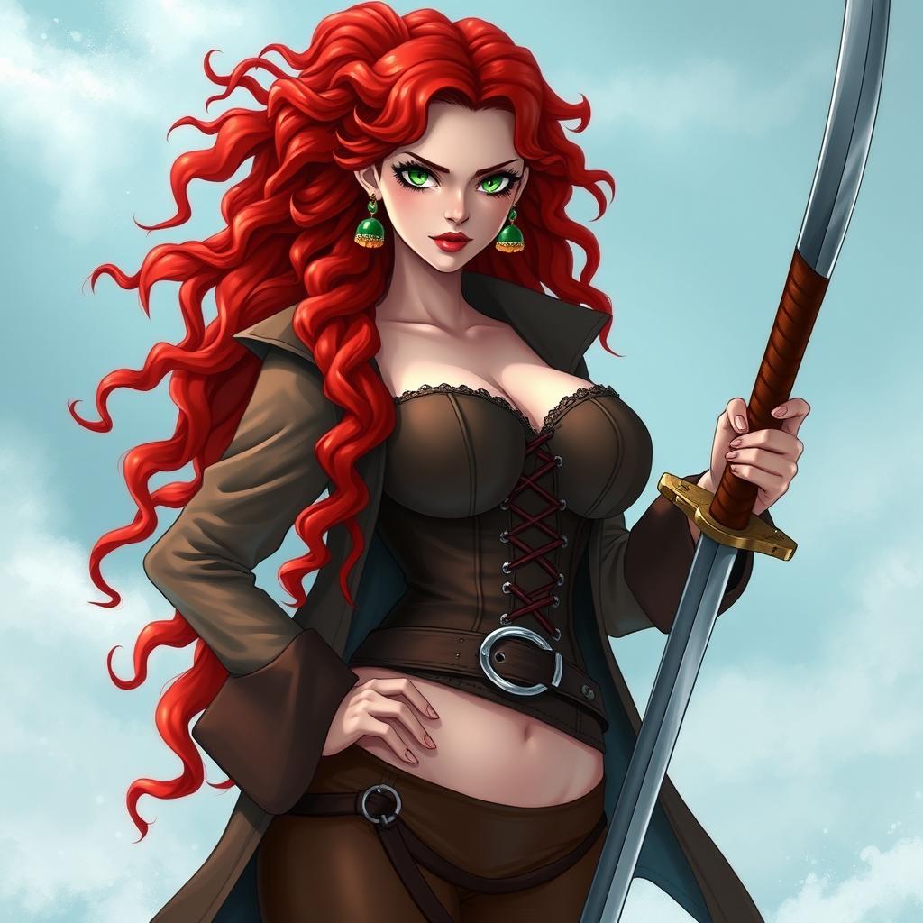 A captivating female character inspired by 'One Piece', showcasing super wavy red hair cascading down to her waist, vibrant against her sharp green eyes that convey determination