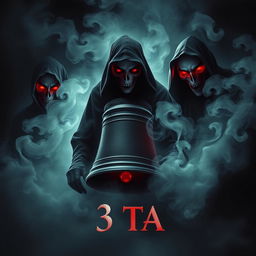 Three ghostly figures, each with half-burned faces, are depicted in grim reaper attire, trying to escape from a magical bell through swirling smoke