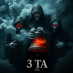 Three ghostly figures, each with half-burned faces, are depicted in grim reaper attire, trying to escape from a magical bell through swirling smoke