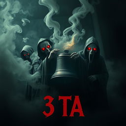 Three ghostly figures, each with half-burned faces, are depicted in grim reaper attire, trying to escape from a magical bell through swirling smoke