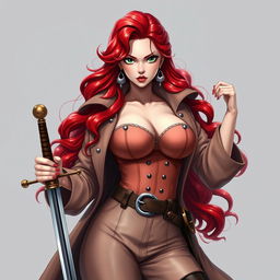 A striking female character inspired by 'One Piece', featuring super wavy red hair that flows elegantly down to her waist and sharp green eyes full of tenacity