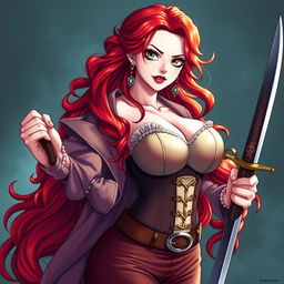 A striking female character inspired by 'One Piece', featuring super wavy red hair that flows elegantly down to her waist and sharp green eyes full of tenacity