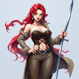 A striking female character inspired by 'One Piece', featuring super wavy red hair that flows elegantly down to her waist and sharp green eyes full of tenacity