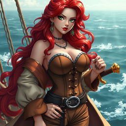 A striking female character inspired by 'One Piece', featuring super wavy red hair that flows elegantly down to her waist and sharp green eyes full of tenacity