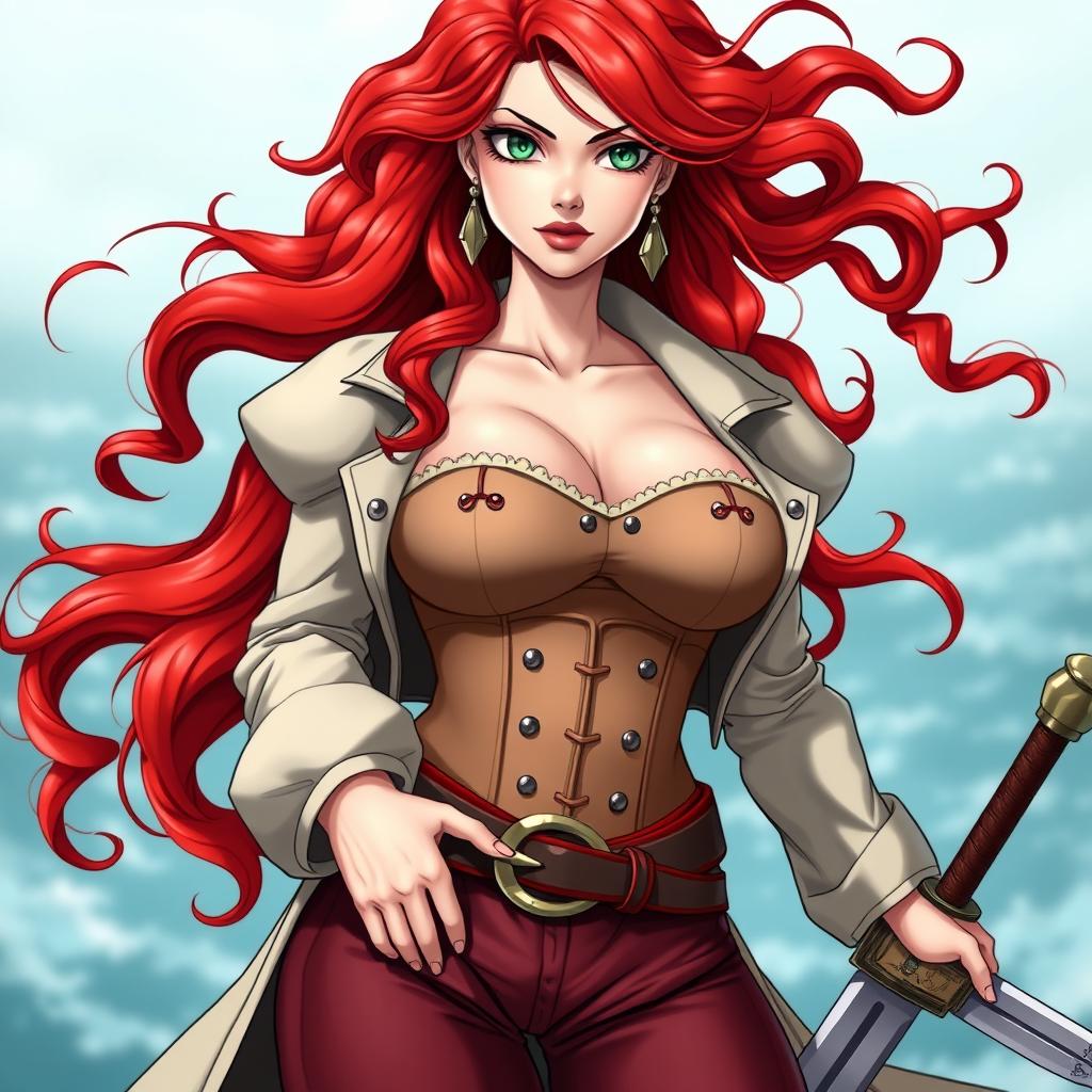 A stunning female character inspired by 'One Piece', featuring super wavy red hair flowing down to her waist, complemented by sharp green eyes that shine with determination