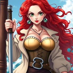 A stunning female character inspired by 'One Piece', featuring super wavy red hair flowing down to her waist, complemented by sharp green eyes that shine with determination