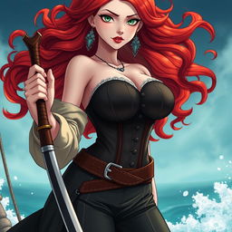 A stunning female character inspired by 'One Piece', featuring super wavy red hair flowing down to her waist, complemented by sharp green eyes that shine with determination