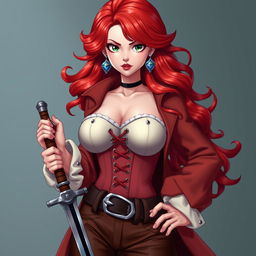 A stunning female character inspired by 'One Piece', featuring super wavy red hair flowing down to her waist, complemented by sharp green eyes that shine with determination