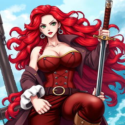 A striking female character from 'One Piece', showcasing super wavy red hair that flows down to her waist and sharp green eyes that exude confidence and adventure