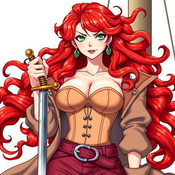 A striking female character from 'One Piece', showcasing super wavy red hair that flows down to her waist and sharp green eyes that exude confidence and adventure