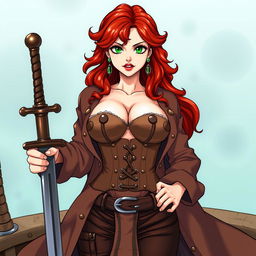 A striking female character from 'One Piece', showcasing super wavy red hair that flows down to her waist and sharp green eyes that exude confidence and adventure