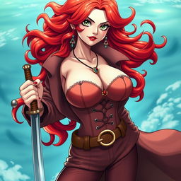 A striking female character from 'One Piece', showcasing super wavy red hair that flows down to her waist and sharp green eyes that exude confidence and adventure