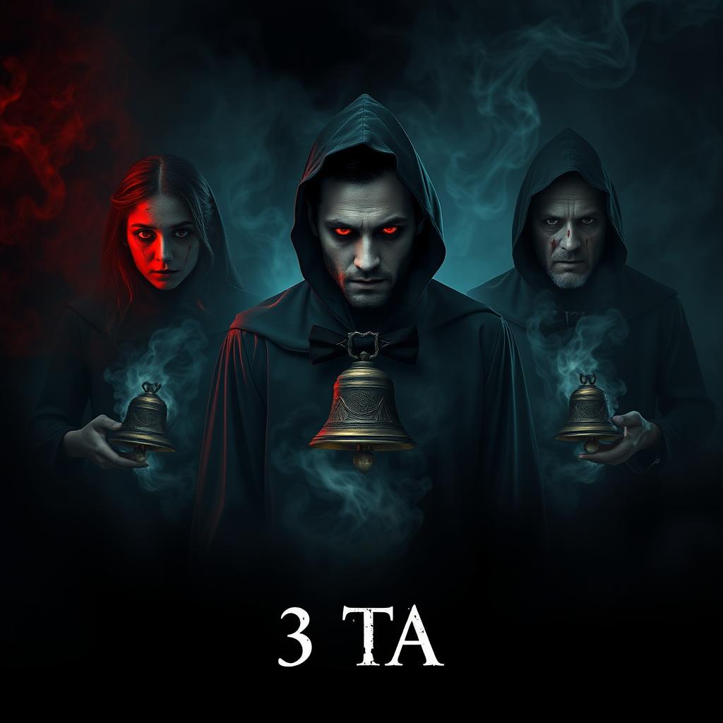 A cinematic horror poster featuring three ghostly figures