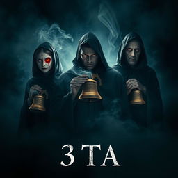 A cinematic horror poster featuring three ghostly figures