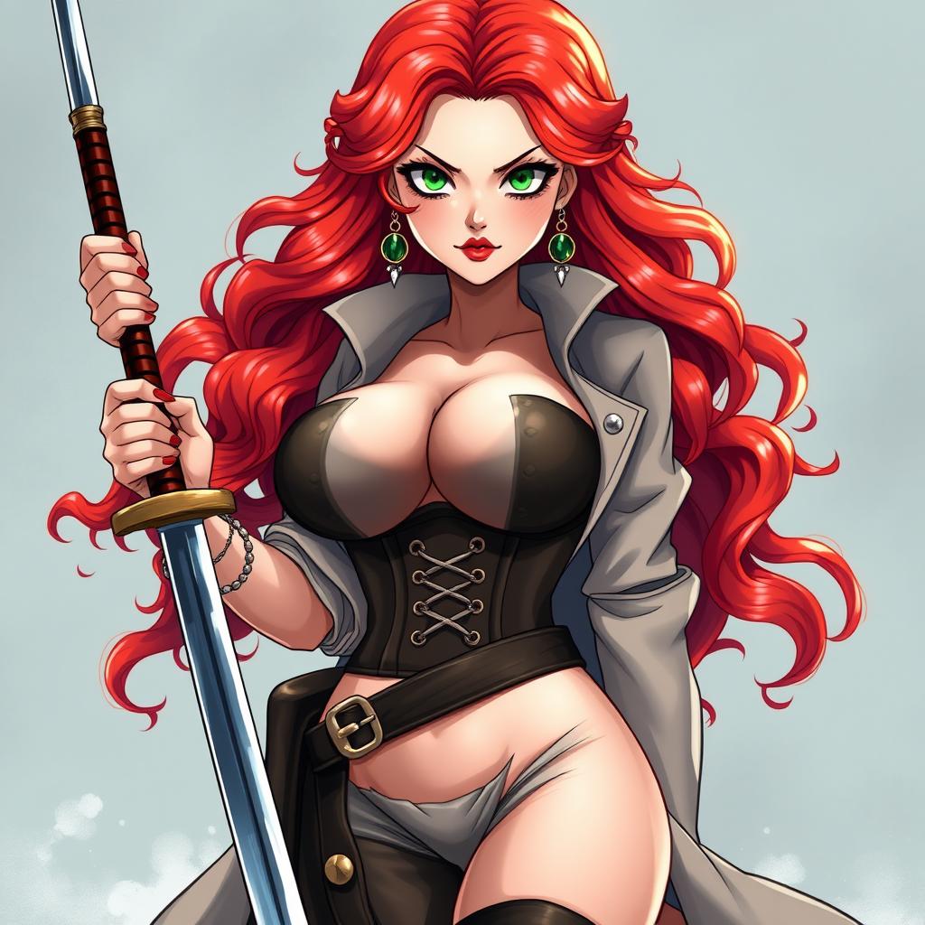 A captivating female character from 'One Piece', featuring super wavy red hair cascading down to her waist and sharp green eyes that glint with adventure