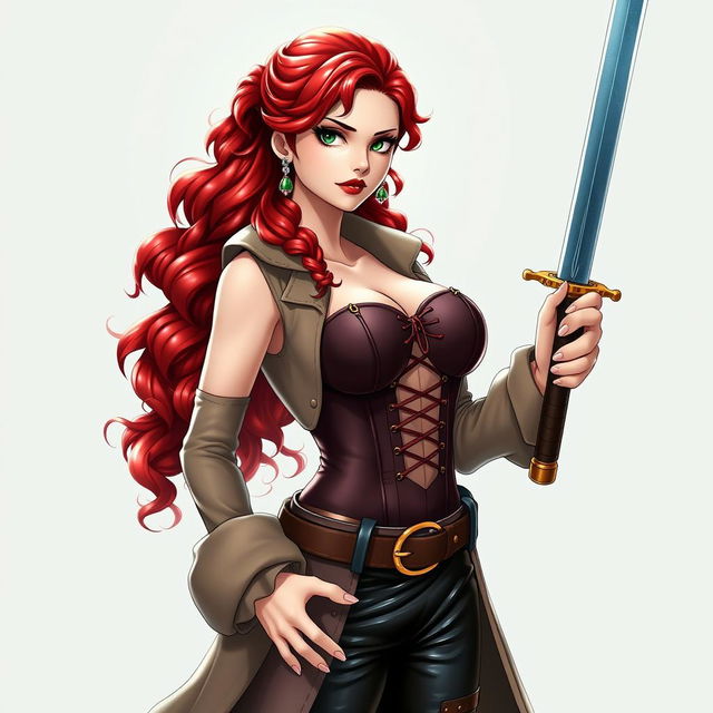 A captivating female character from 'One Piece', featuring super wavy red hair cascading down to her waist and sharp green eyes that glint with adventure