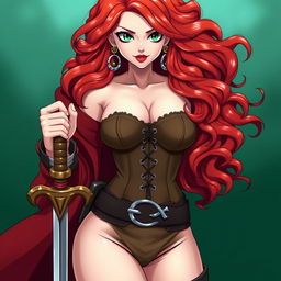 A captivating female character from 'One Piece', featuring super wavy red hair cascading down to her waist and sharp green eyes that glint with adventure