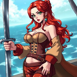 A captivating female character from 'One Piece', featuring super wavy red hair cascading down to her waist and sharp green eyes that glint with adventure