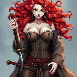 An alluring female character inspired by 'One Piece', showcasing super wavy red hair that cascades down to her waist, paired with sharp green eyes that radiate confidence and adventure