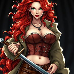 An alluring female character inspired by 'One Piece', showcasing super wavy red hair that cascades down to her waist, paired with sharp green eyes that radiate confidence and adventure