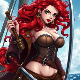 An alluring female character inspired by 'One Piece', showcasing super wavy red hair that cascades down to her waist, paired with sharp green eyes that radiate confidence and adventure