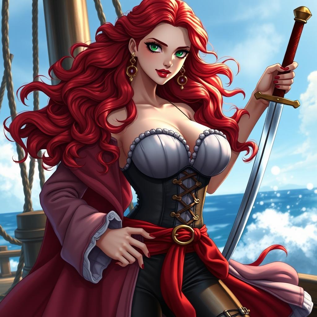 An alluring female character inspired by 'One Piece', showcasing super wavy red hair that cascades down to her waist, paired with sharp green eyes that radiate confidence and adventure